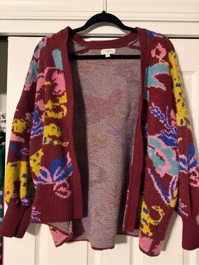 Umgee Burgundy Floral Open-Front Cardigan with Multicolor Blooms